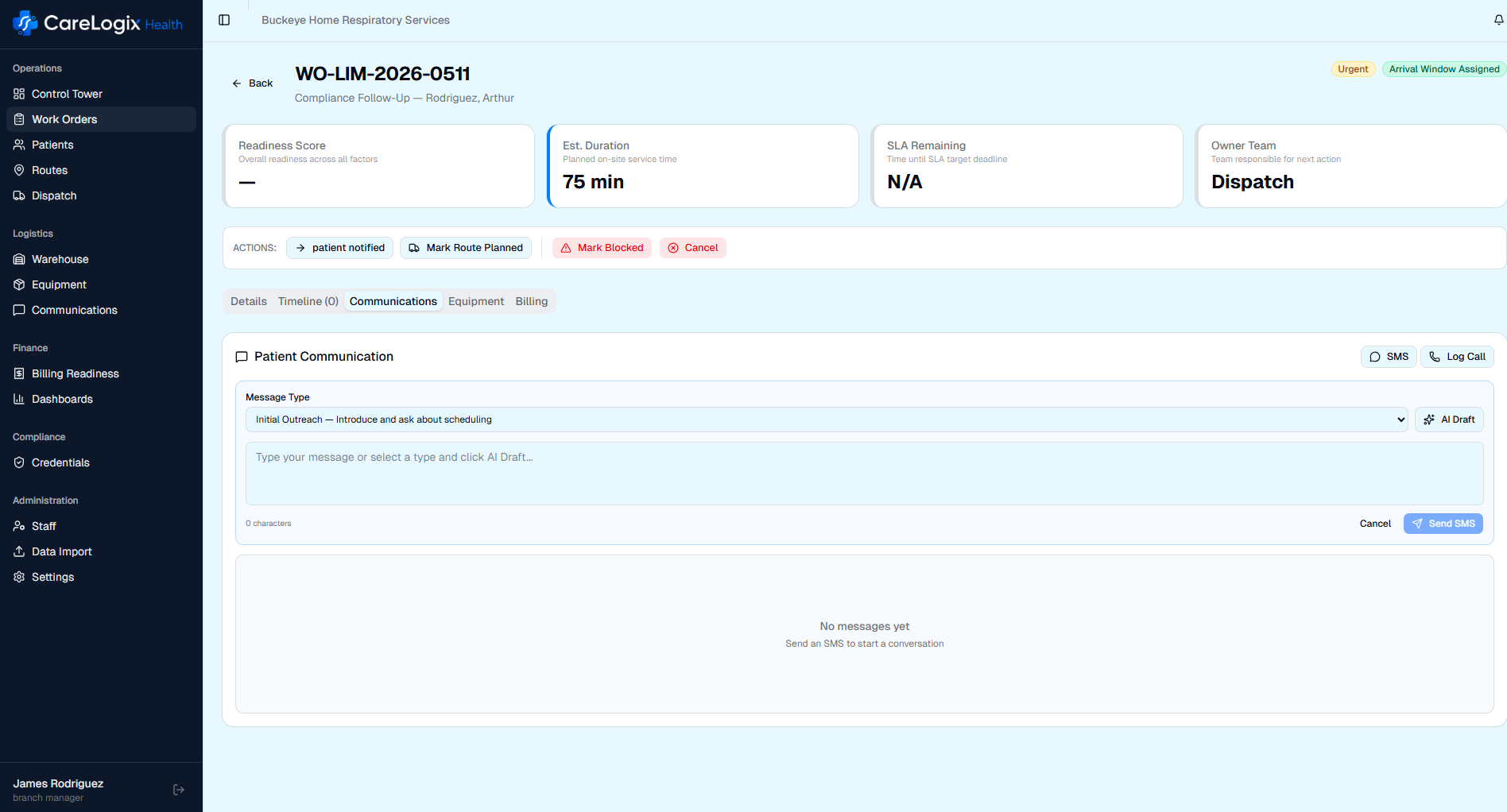 Screenshot of CareLogix patient communications interface showing AI-powered SMS conversation with appointment scheduling