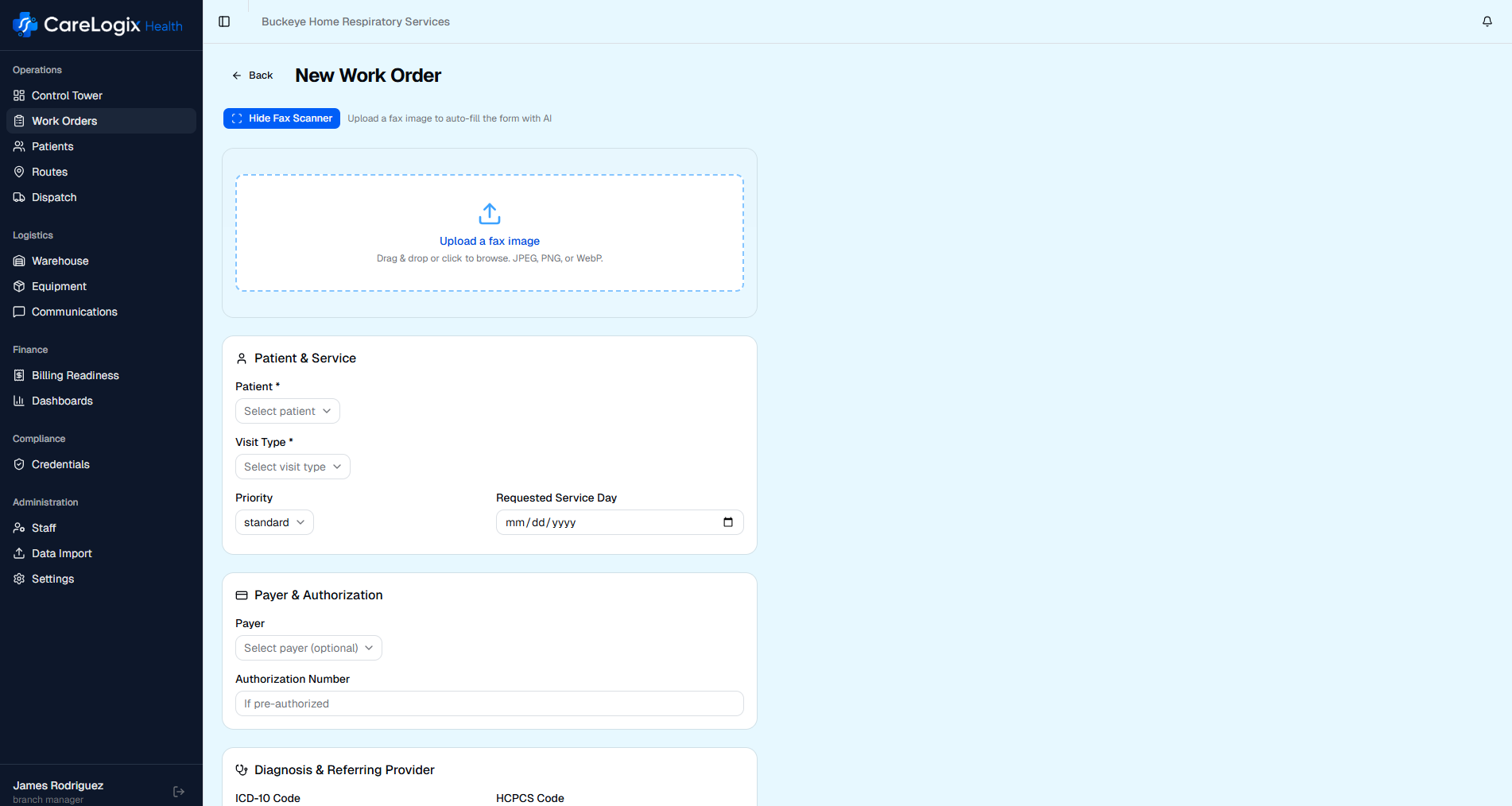 Screenshot of CareLogix fax intake interface showing AI-extracted patient data from a scanned referral document